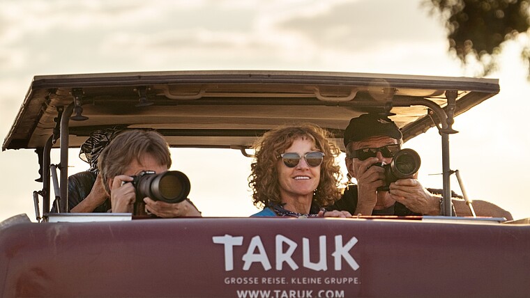 Touristen fotografieren aus einem Safariauto heraus.