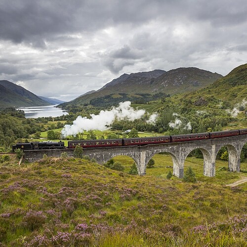 Zug fährt über das Glenfinnan Viadukt in den schottischen Highlands