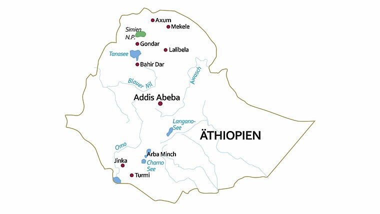 Äthiopien Karte mit Städten, Flüssen und Nationalparks