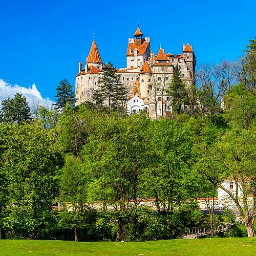 Schloss Bran in Rumänien mit grünen Bäumen im Vordergrund