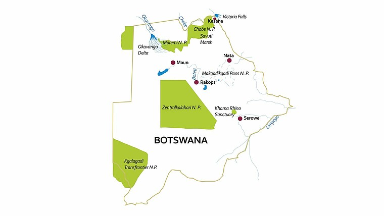 Botswana Karte mit Städten, Flüssen und Nationalparks