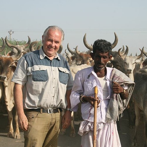 Johannes Haape mit Inder vor Rindern in Indien