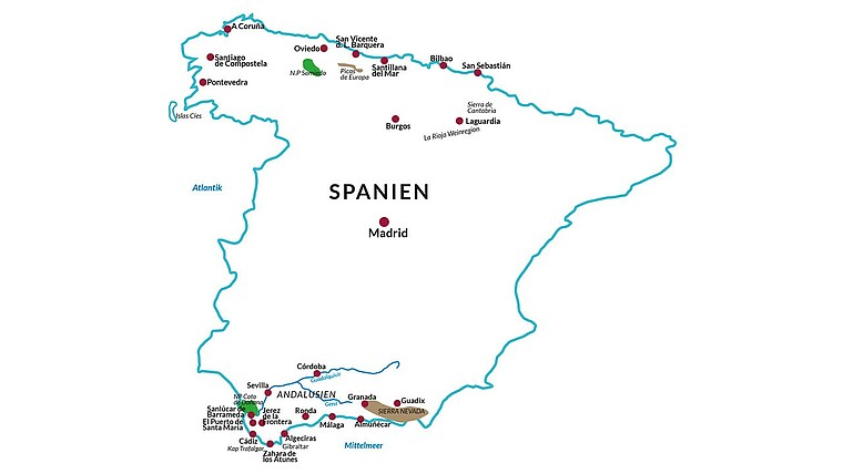 Spanien Karte Andalusien und Nordspanien