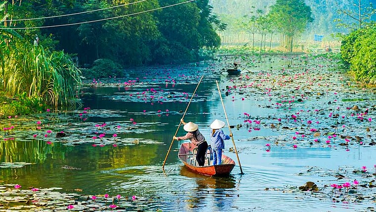 Frauen mit Boot auf dem Yen-Fluss mit Seerosen in Vietnam