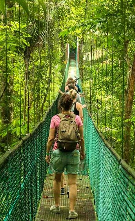 Menschen auf Hängebrücke im grünen dichten Regenwald beim Vulkan la Fortuna in Costa Rica