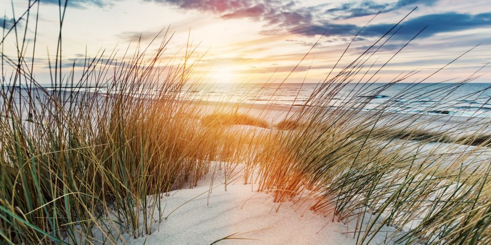 Sonnenuntergang über eine Düne am Meer