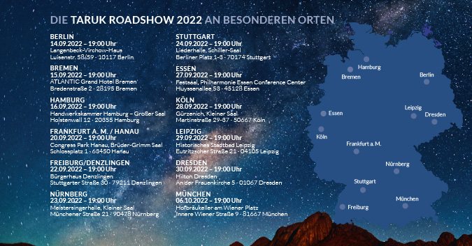 Orte und Daten der TARUK Roadshow 2022 in 12 Städten Deutschlands